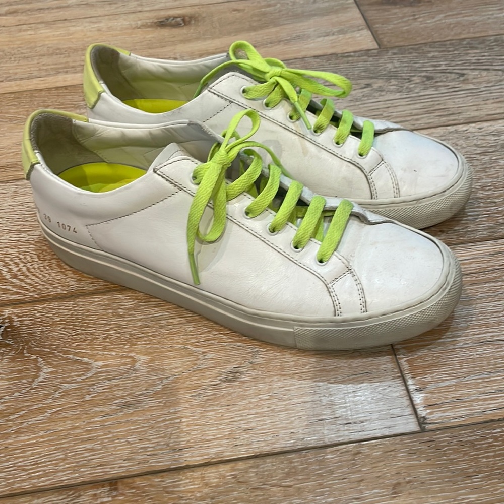 Women’s Common Projects white with neon green laces size 9 sneakers